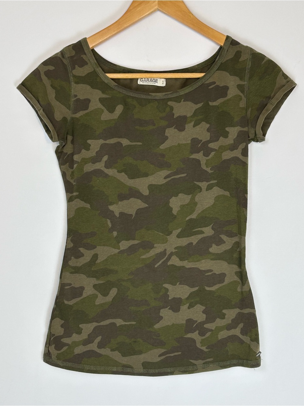 Garage Women’s Camo Baby Tee Green Cotton Stretch Top S/P